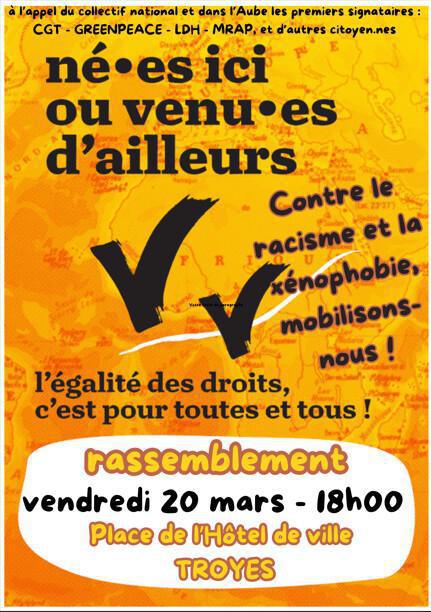 Rassemblement contre le racisme le 20 mars à 18h00 place de l'Hôtel de Ville à Troyes