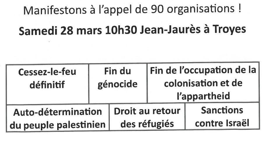 Appel à manifestation le 28 mars en solidarité avec le Peuple Palestinien