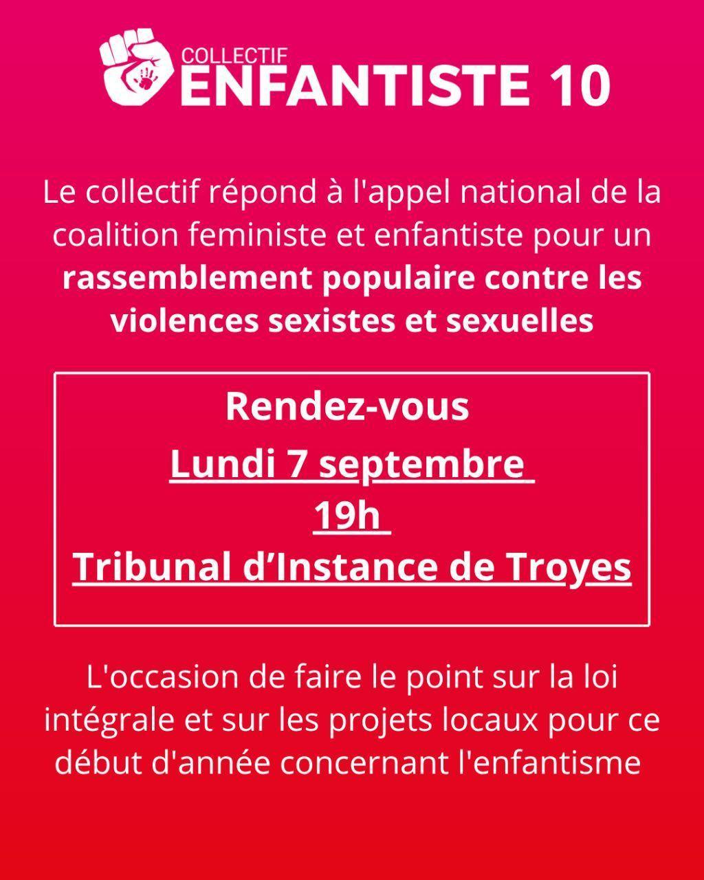 Le 7 septembre mobilisation devant le TI de Troyes pour lutter intégralement contre les violences sexistes et sexuelles
