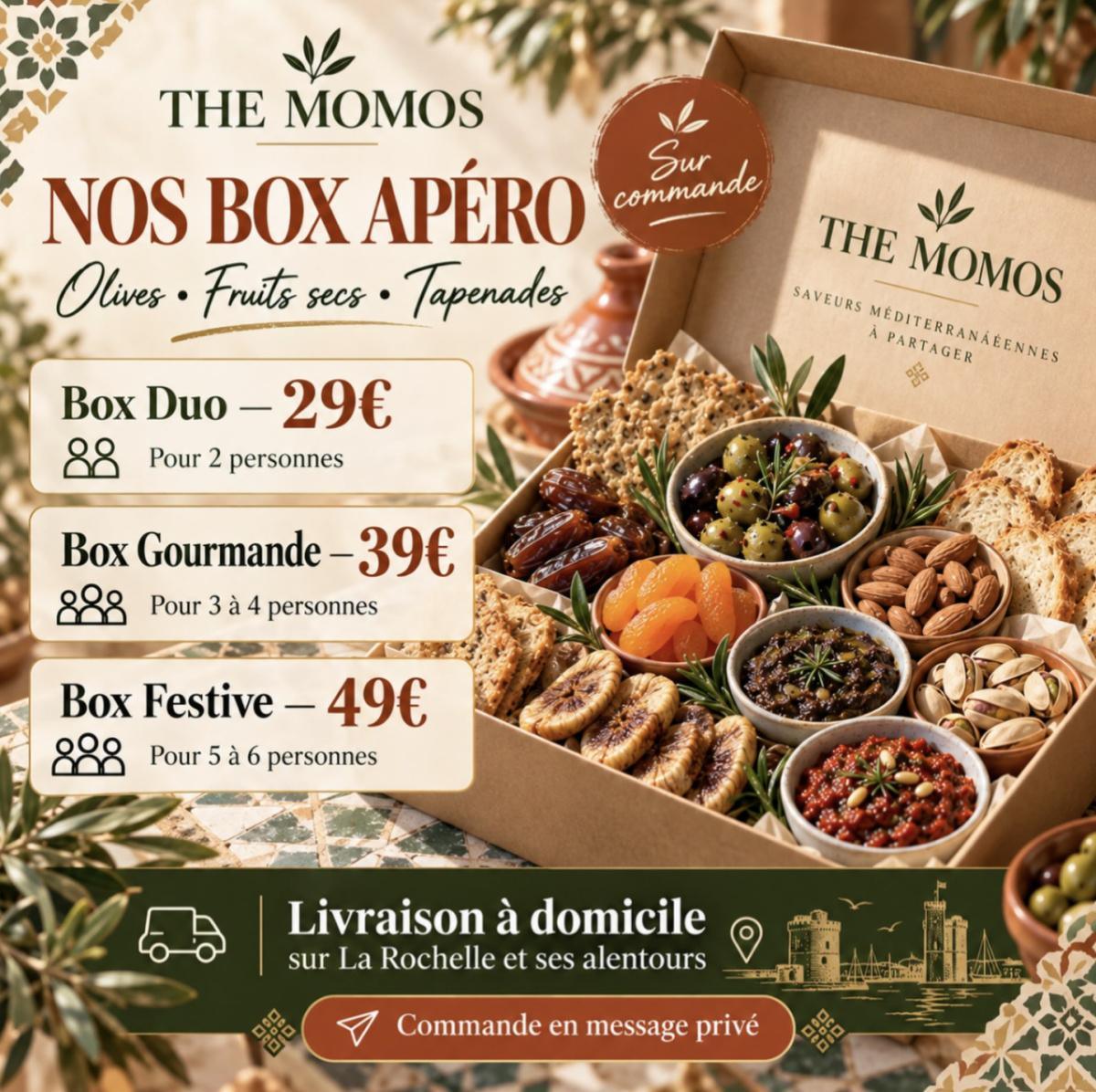 Box apéro THE MOMOS : olives, fruits secs et tapenades livrés à La Rochelle