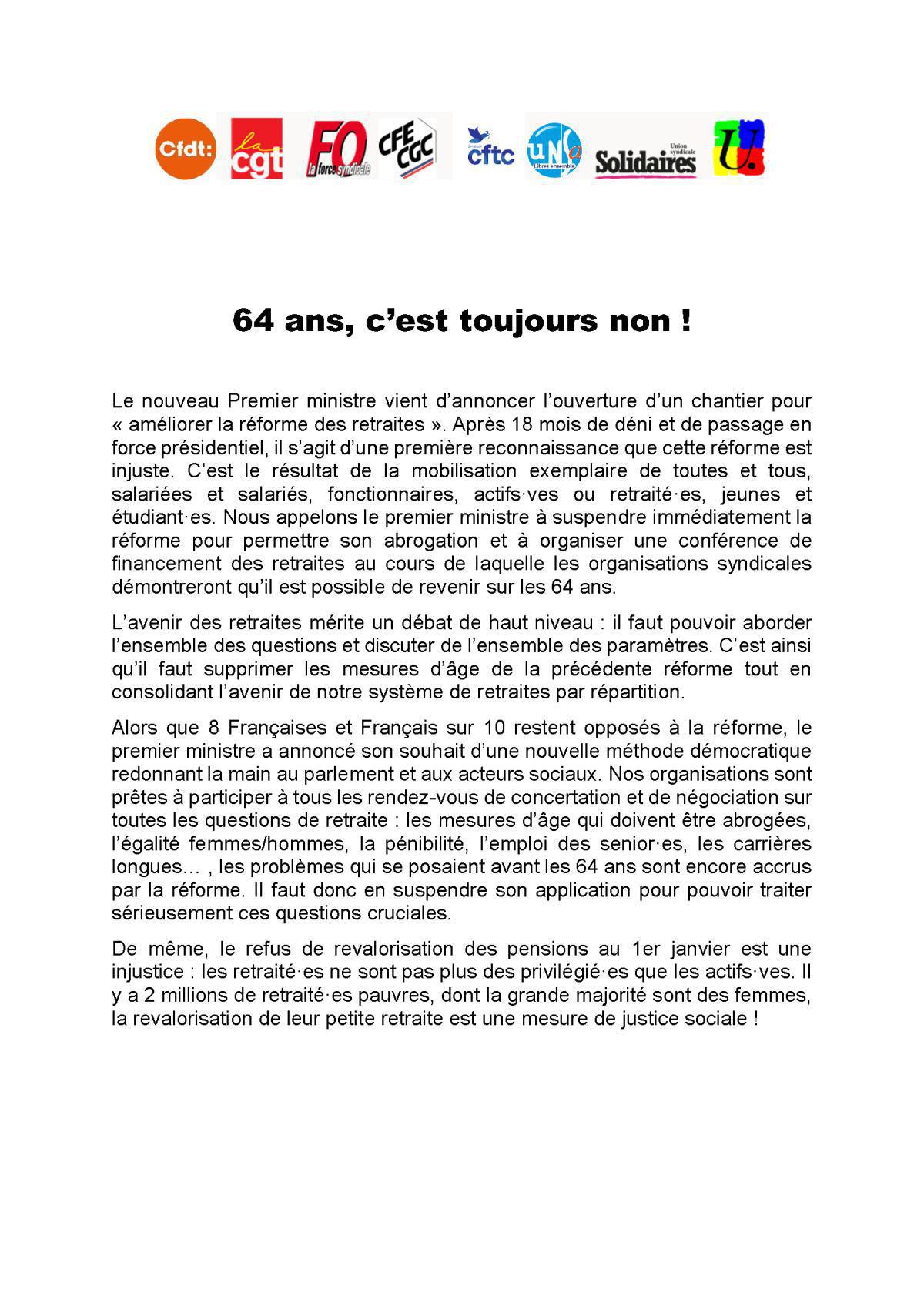 Réforme des retraites – 64 ans, c’est toujours non !