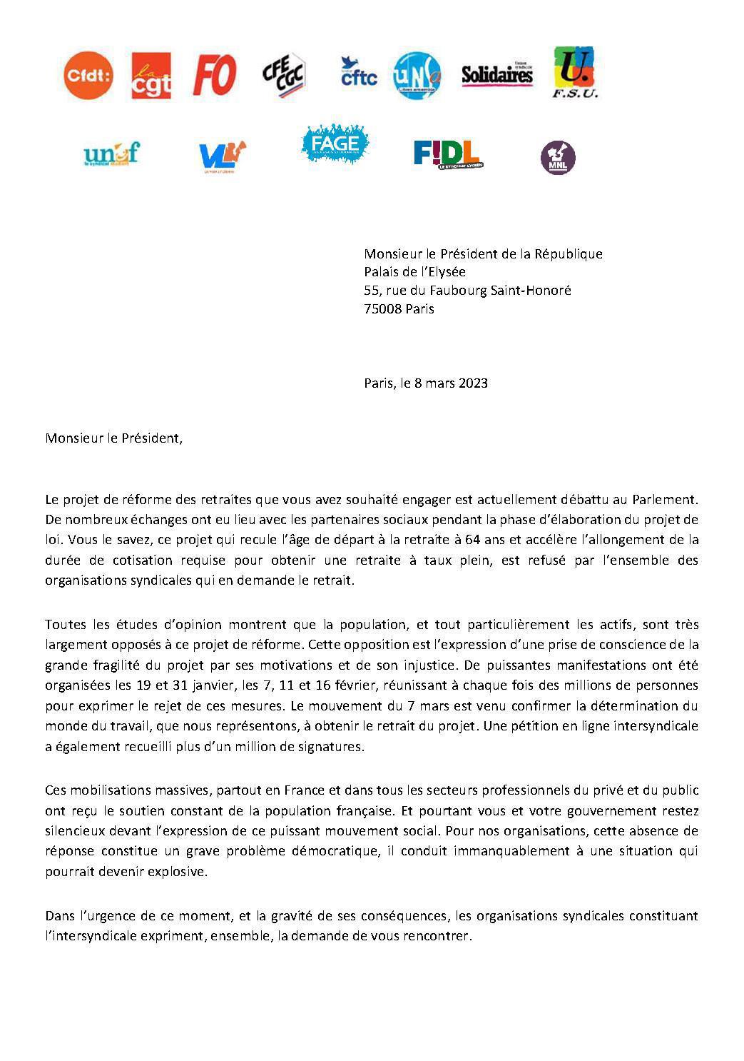 L’intersyndicale écrit au Président de la République