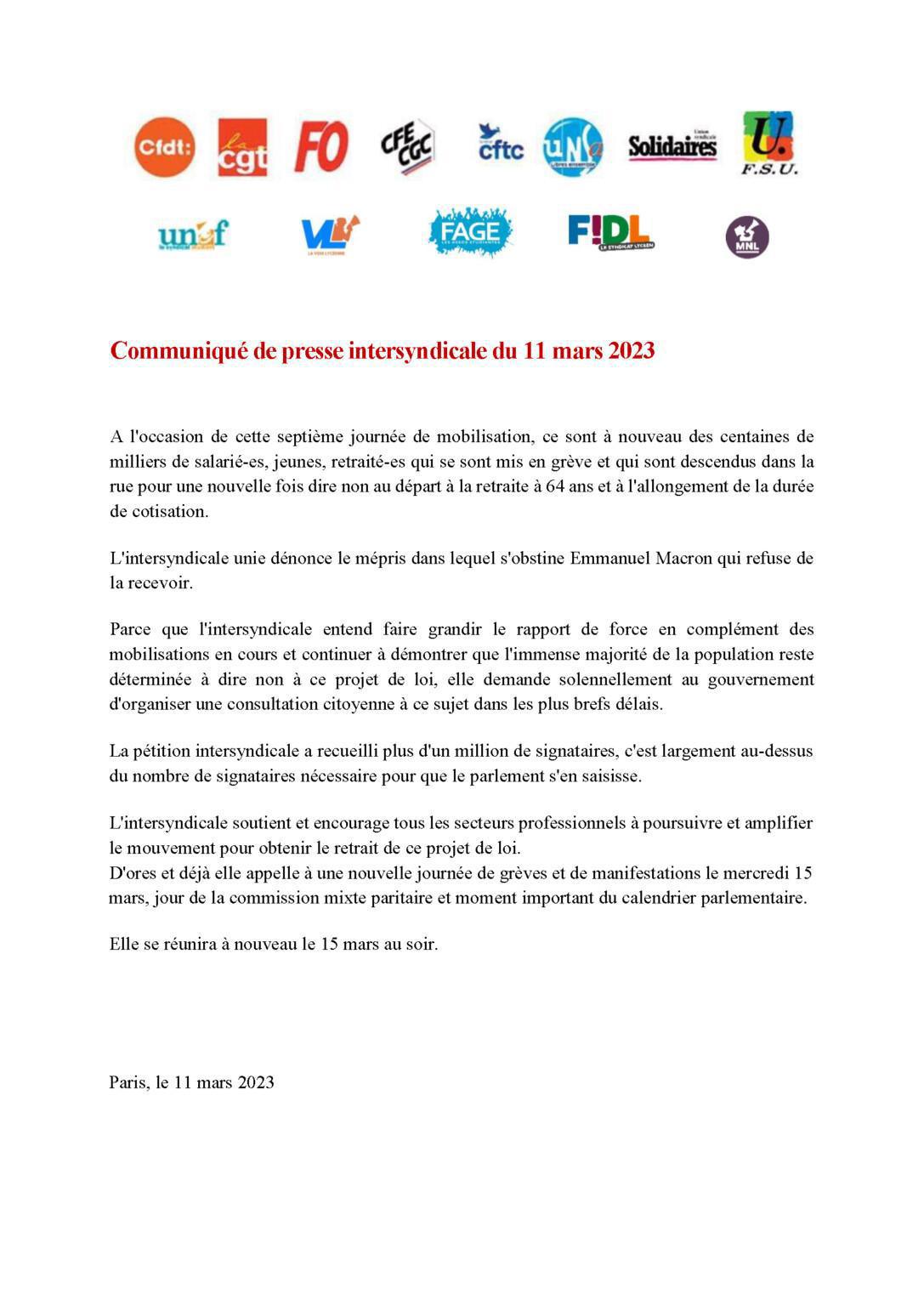 Communiqué Intersyndical