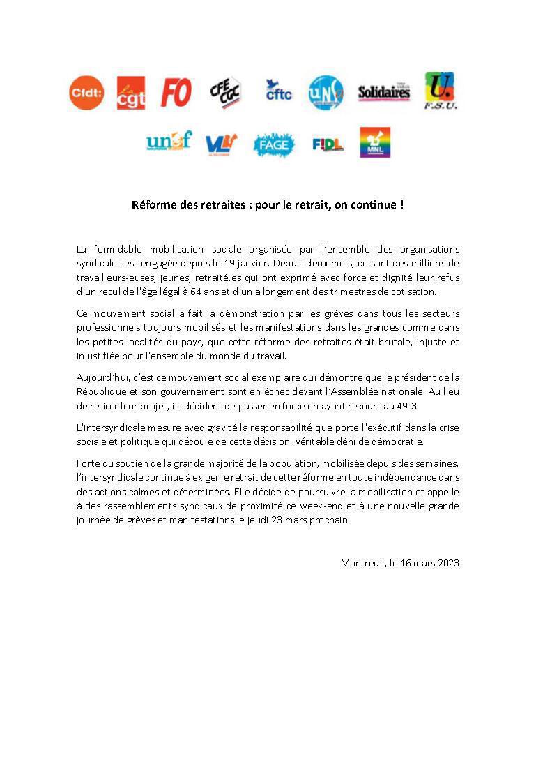 Mobilisation du 23 mars – Communiqué Intersyndicale