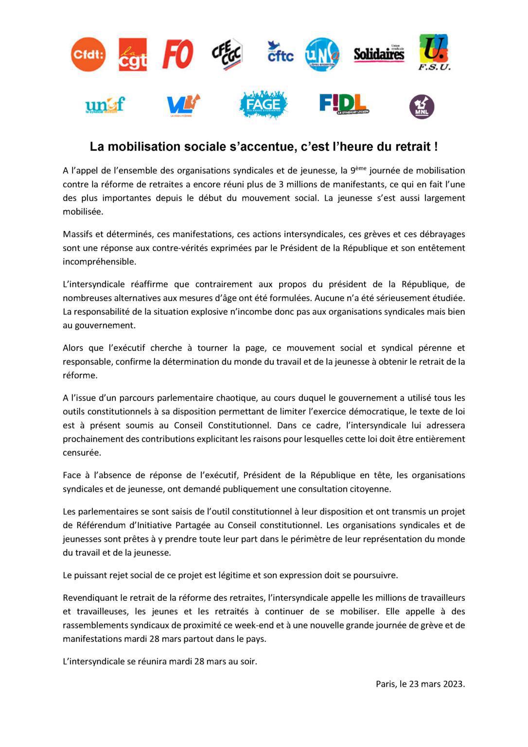 Mobilisation du 28 mars – Communiqué de l’Intersyndicale
