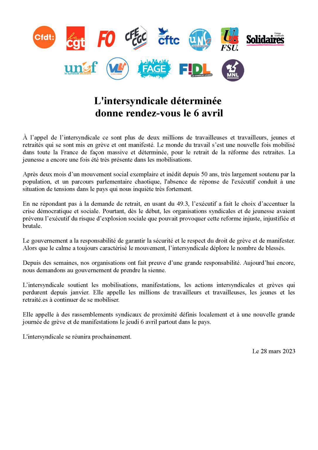 Mobilisation du 6 avril – Communiqué de l’Intersyndicale Mobilisation du 6 avril – Communiqué de l’Intersyndicale