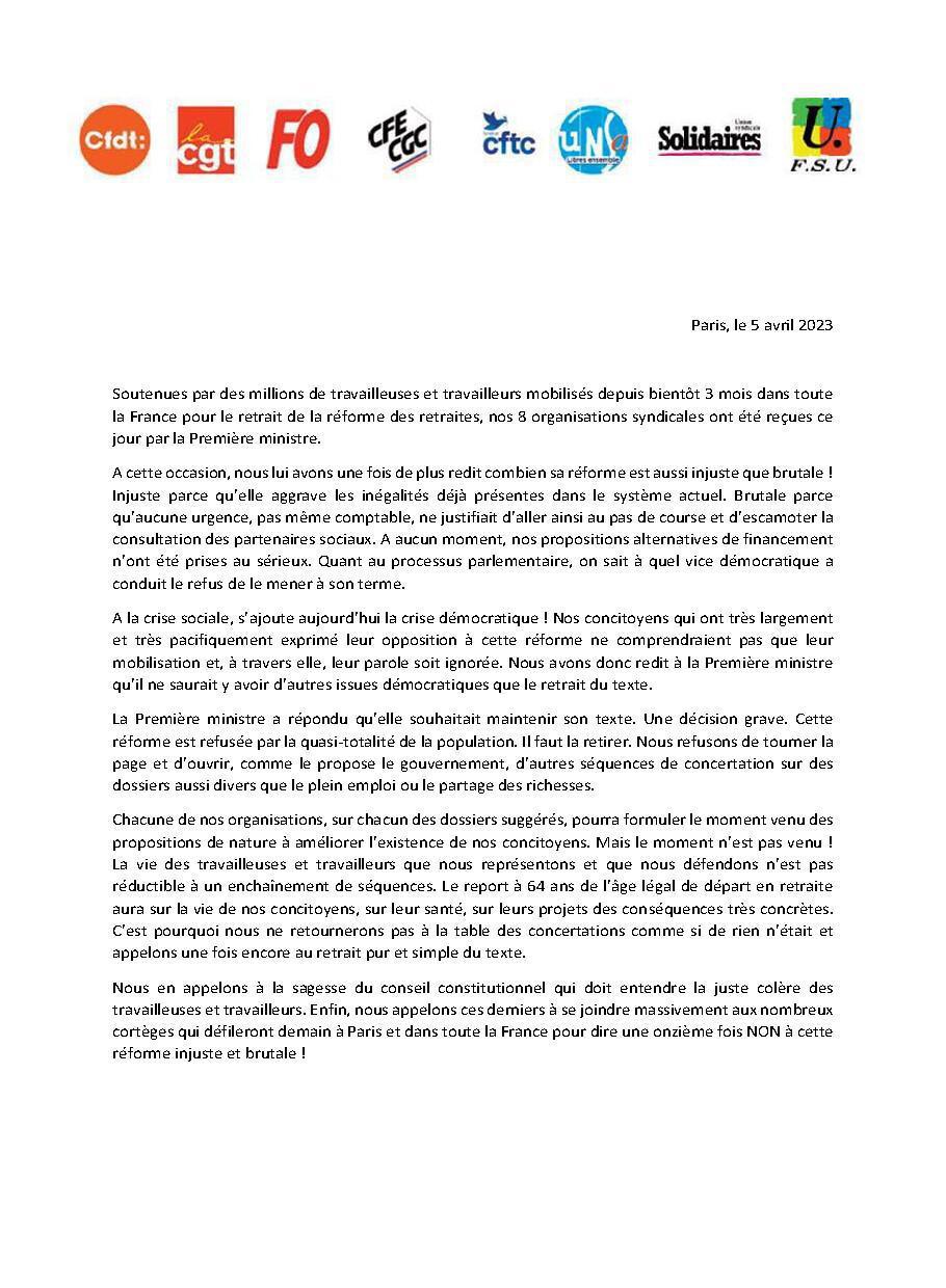 5 avril 2023 – Déclaration de l’intersyndicale au sortir de Matignon