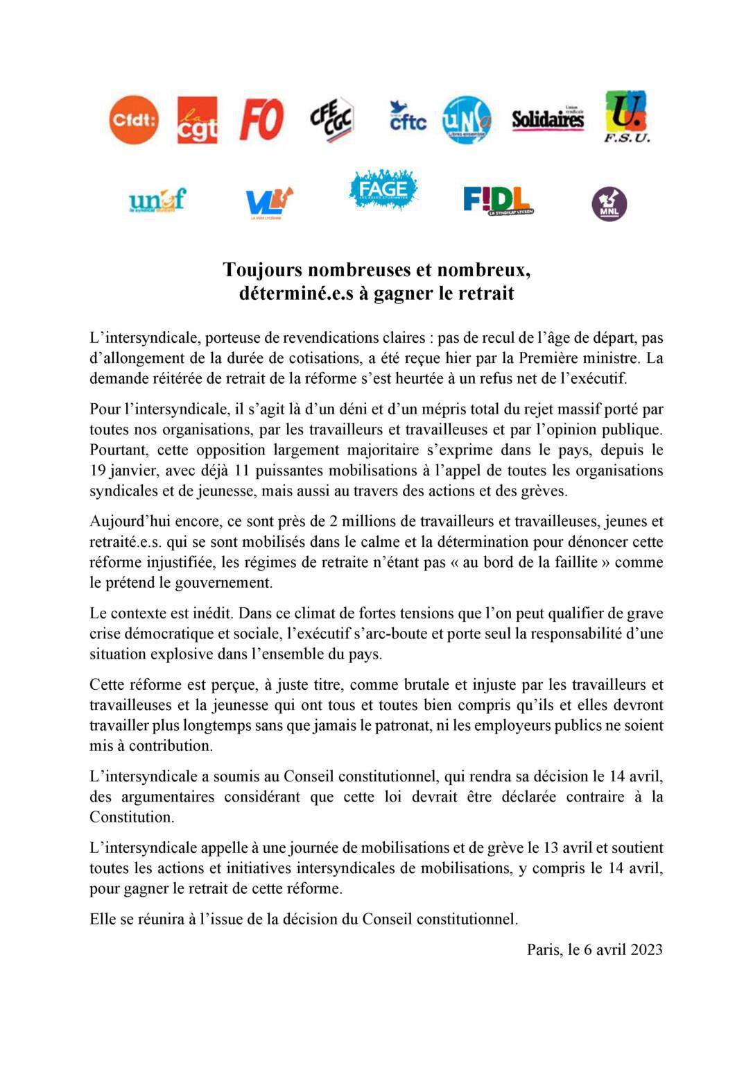 Mobilisation du 13 avril – Communiqué de l’Intersyndicale Mobilisation du 13 avril – Communiqué de l’Intersyndicale