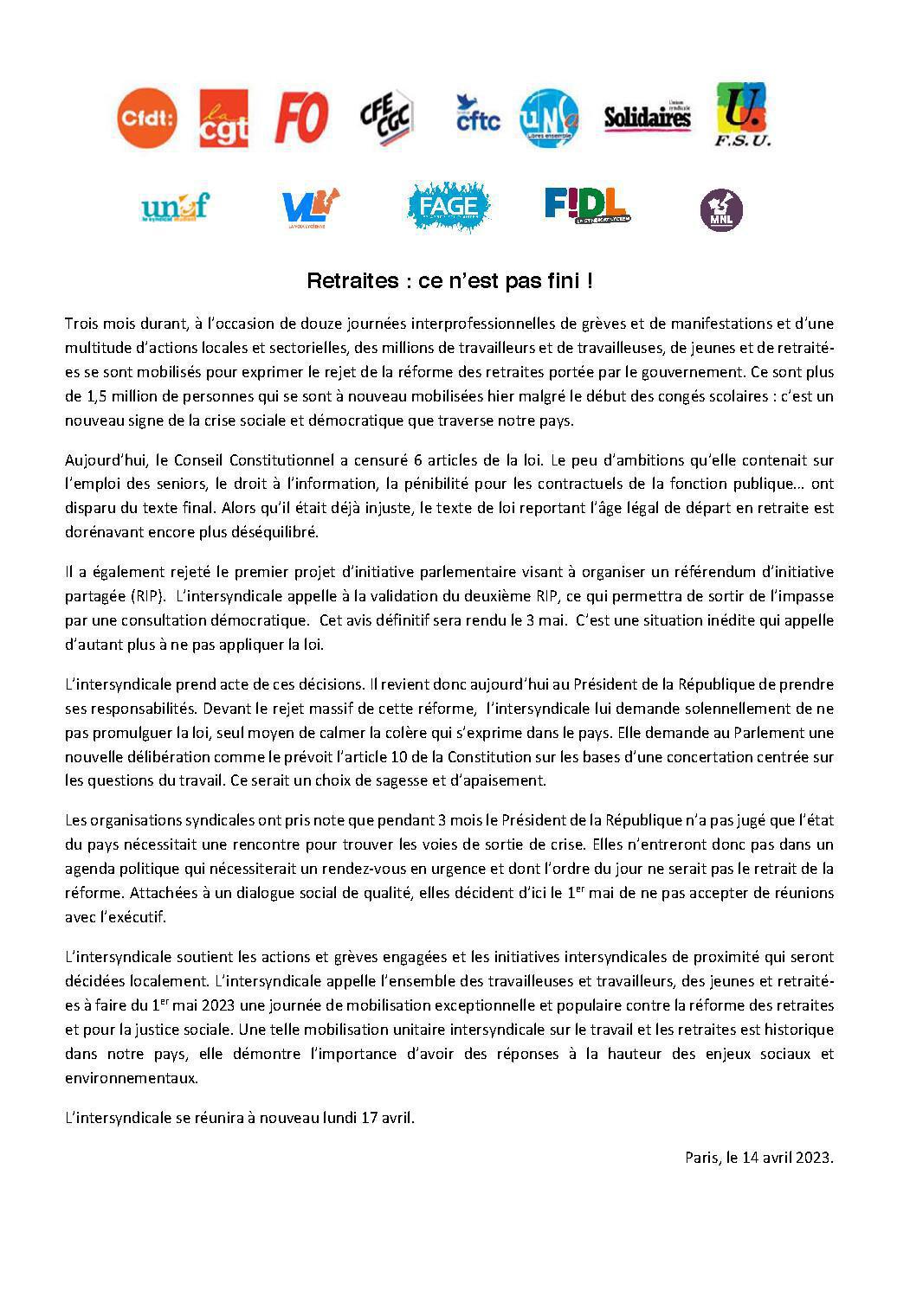 Communiqué de presse de l’intersyndicale suite à la décision du Conseil constitutionnel