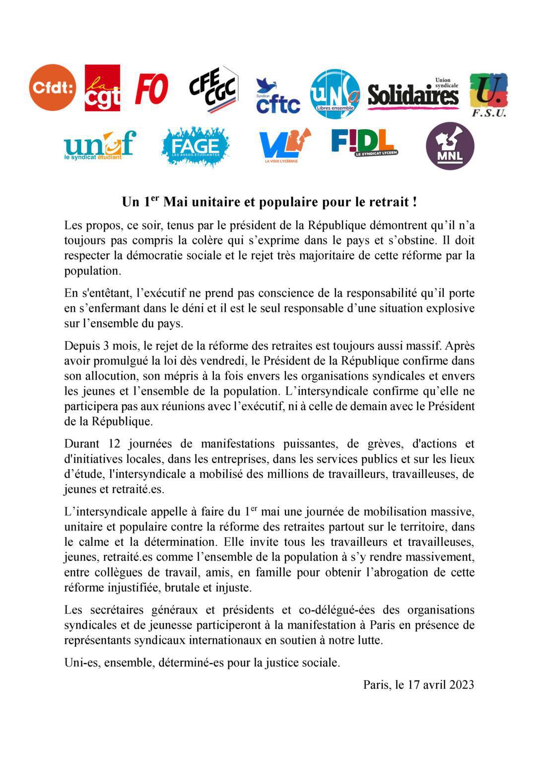 Un 1er Mai unitaire et populaire pour le retrait ! Un 1er Mai unitaire et populaire pour le retrait !