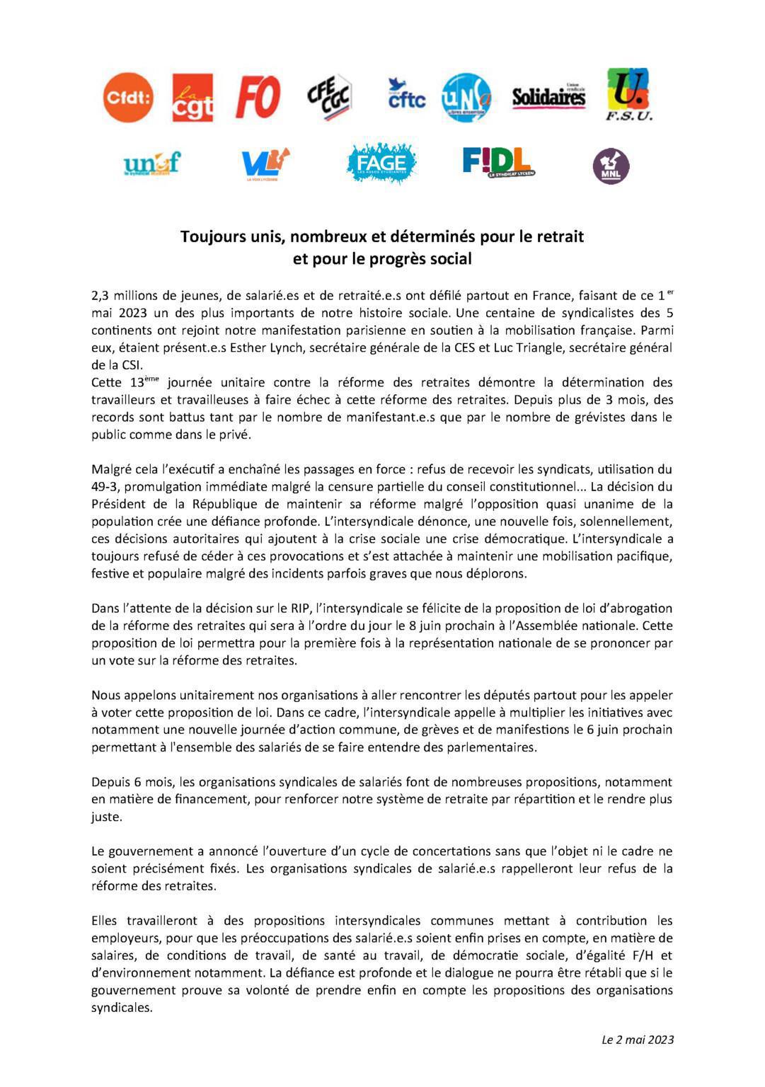 Communiqué de l’intersyndicale 02 mai 2023
