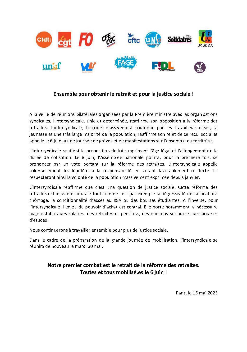 Réforme des retraites – Communiqué de l’intersyndicale 15 mai 2023
