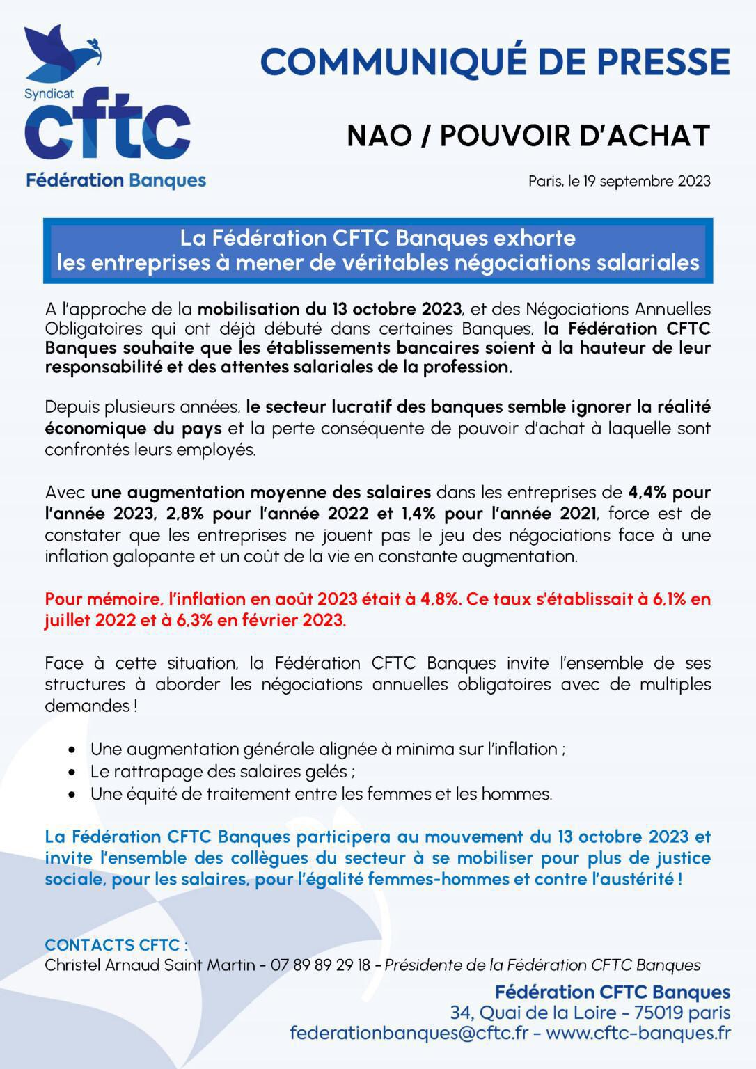 La Fédération CFTC Banques exhorte les entreprises à mener de véritables négociations salariales La Fédération CFTC Banques exhorte les entreprises à mener de véritables négociations salariales