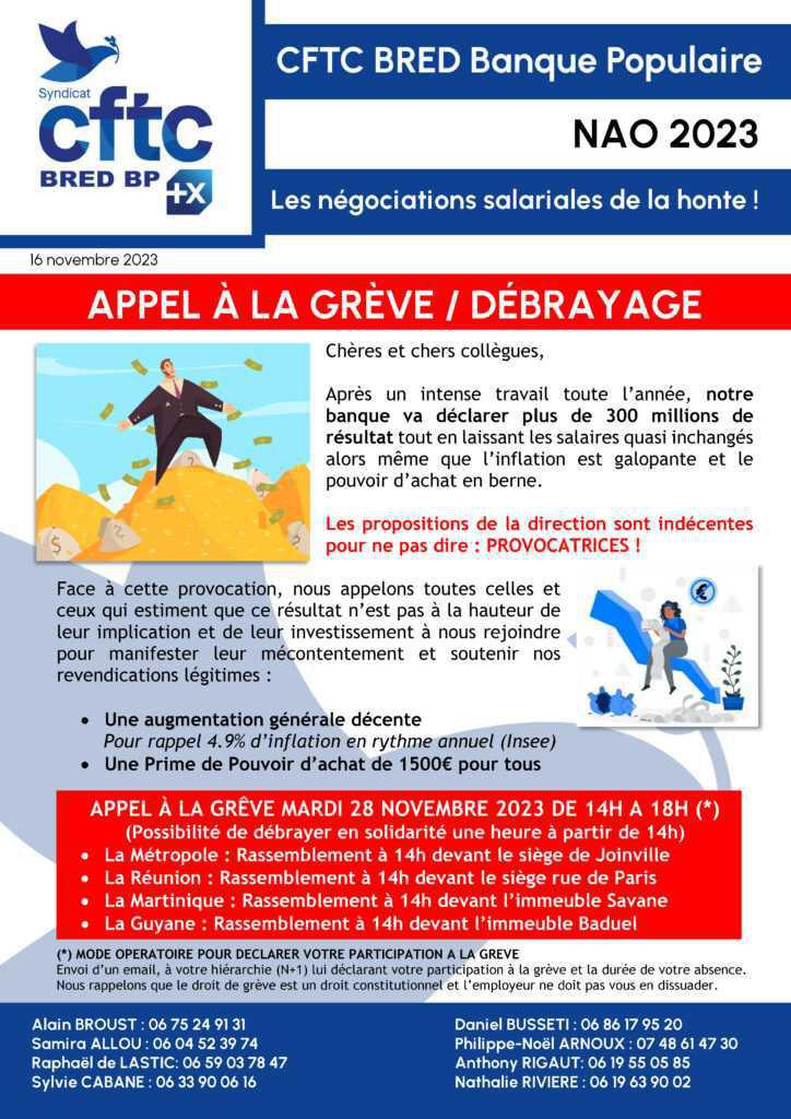 BRED Banque Populaire – Appel au débrayage mardi 28 novembre
