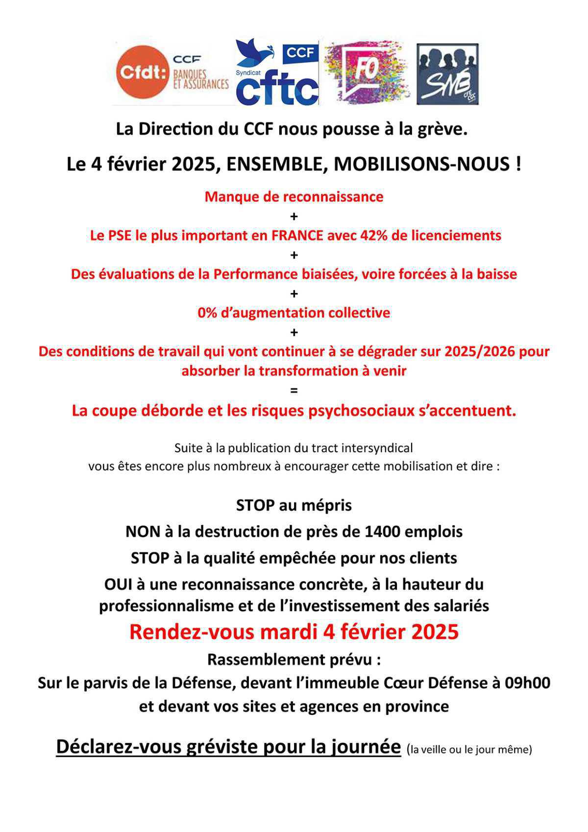 L'intersyndicale au CCF appelle à la Grève le 04 février 2025 L'intersyndicale au CCF appelle à la Grève le 04 février 2025