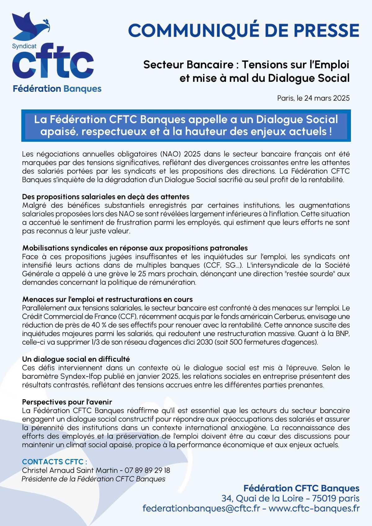 COMMUNIQUE DE PRESSE - Tensions sur l’Emploi et mise à mal du Dialogue Social dans le secteur bancaire COMMUNIQUE DE PRESSE - Tensions sur l’Emploi et mise à mal du Dialogue Social dans le secteur bancaire