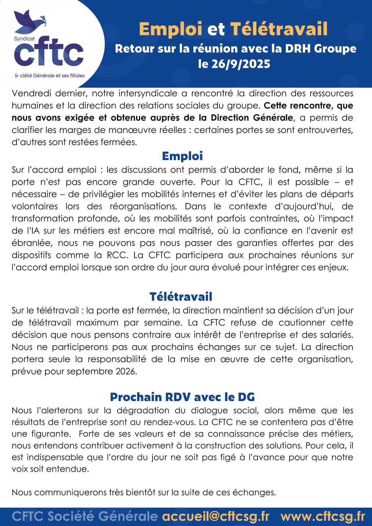 Emploi et Télétravail - La CFTC SG ne lâche rien ! Emploi et Télétravail - La CFTC SG ne lâche rien !