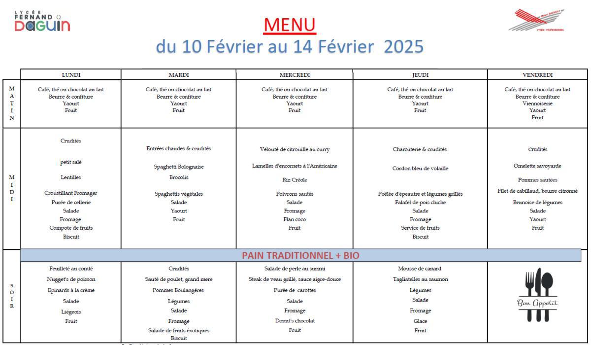 Les menus de la semaine - du 10 au 14 février 2025