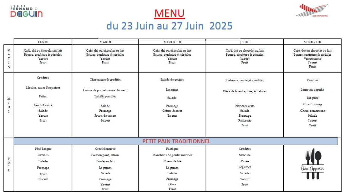 Les menus de la semaine - du 23 au 27 juin 2025