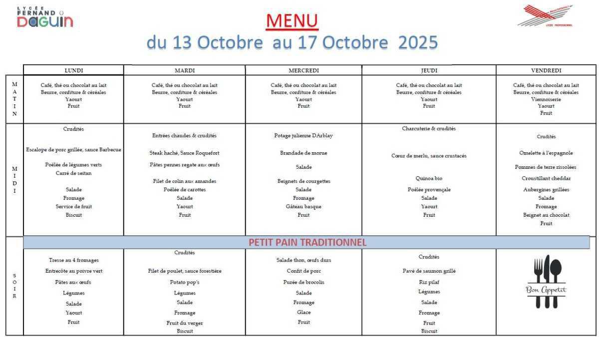 Les menus de la semaine - du 13 au 17 octobre 2025