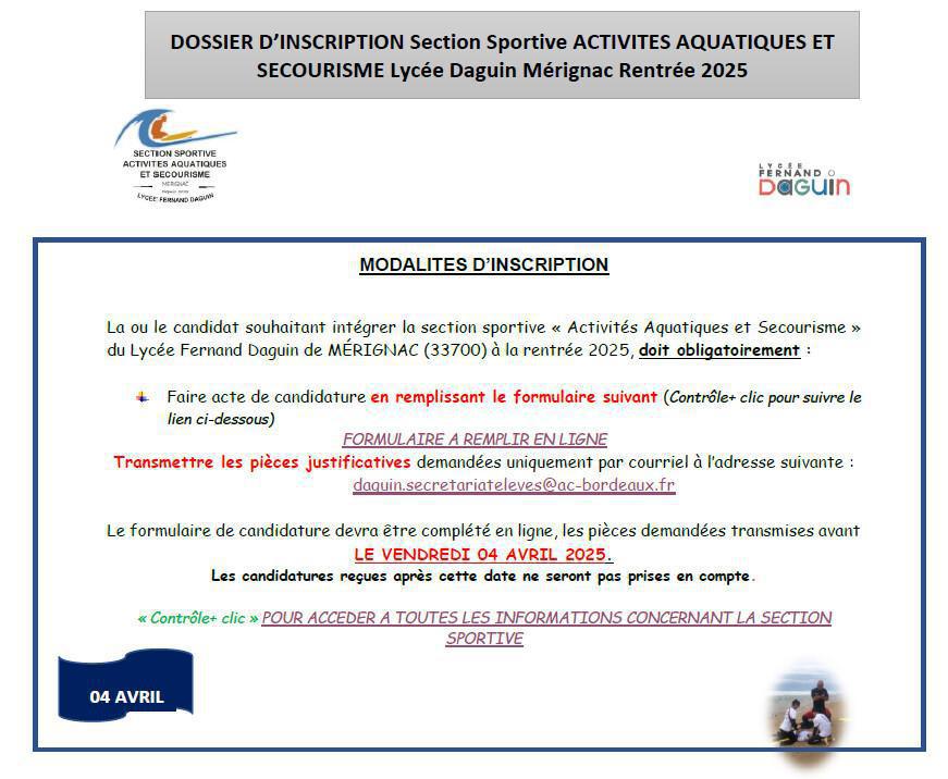 Rentrée 2025 - Dossier d'inscription pour notre section sportive Activités Aquatiques et Secourisme Rentrée 2025 - Dossier d'inscription pour notre section sportive Activités Aquatiques et Secourisme