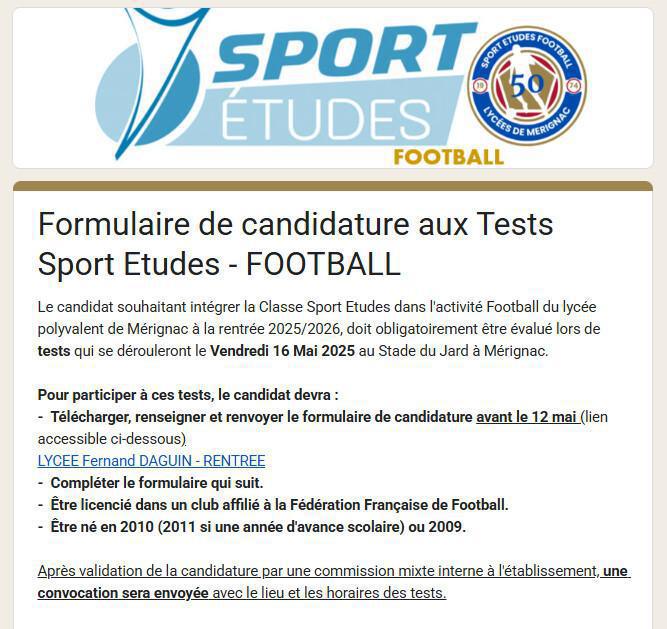 Rentrée 2025 - Formulaire de candidature aux tests Sport Etudes FOOTBALL Rentrée 2025 - Formulaire de candidature aux tests Sport Etudes FOOTBALL