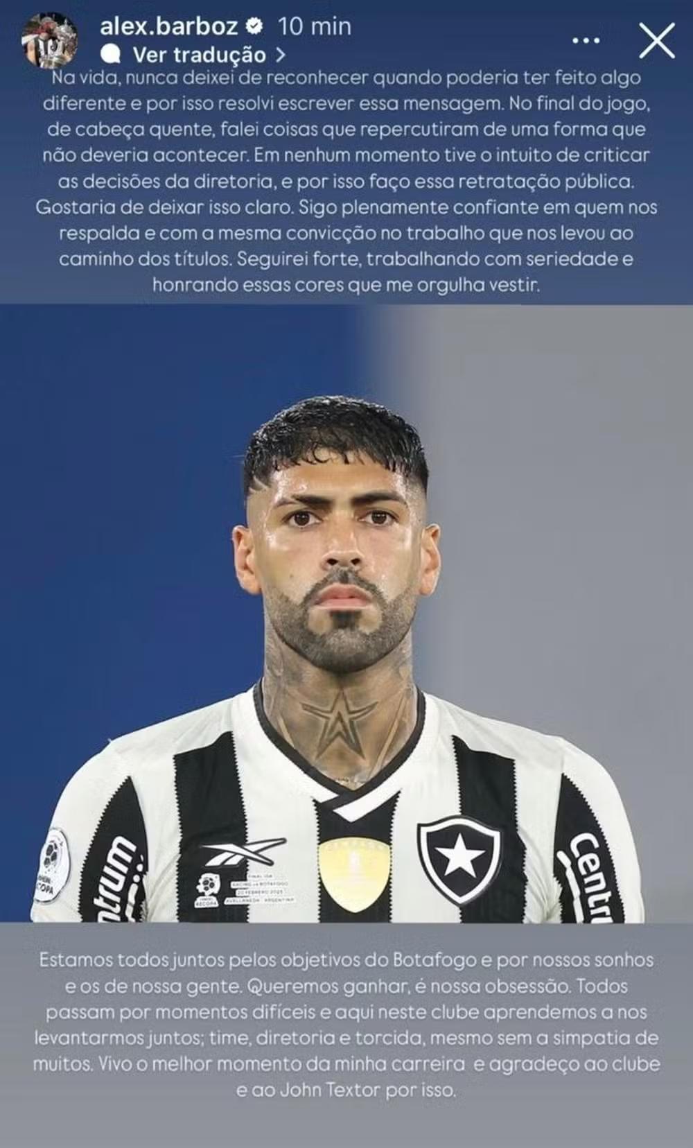 Barboza se retrata após críticas ao Botafogo: "Falei de cabeça quente"