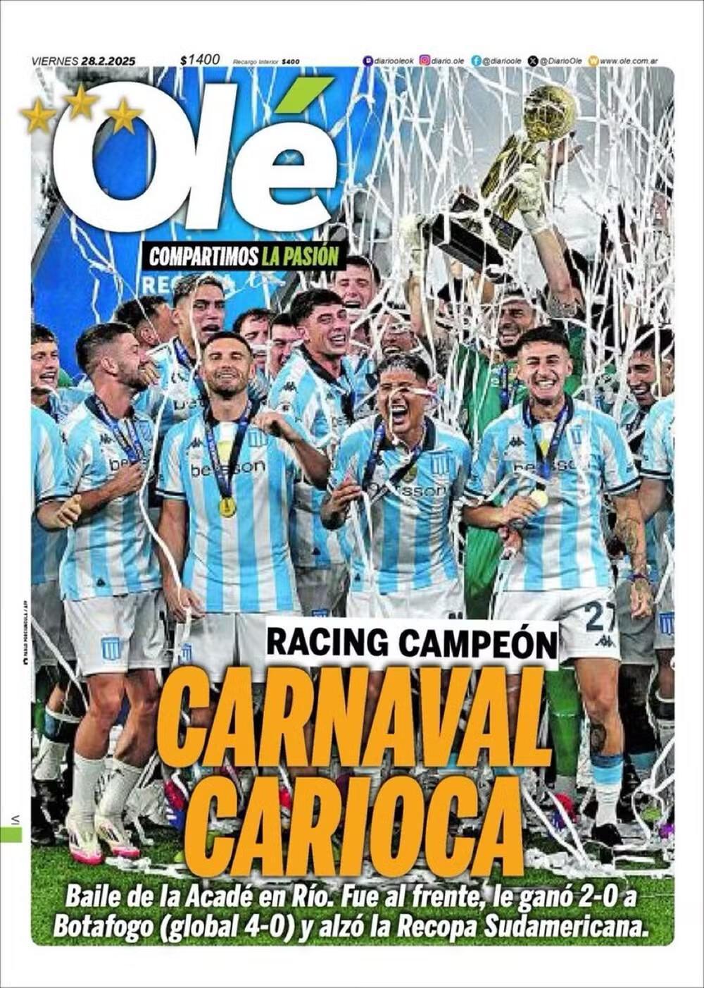 Jornal argentino alfineta após Racing levar a Recopa: "Festa no Rio"