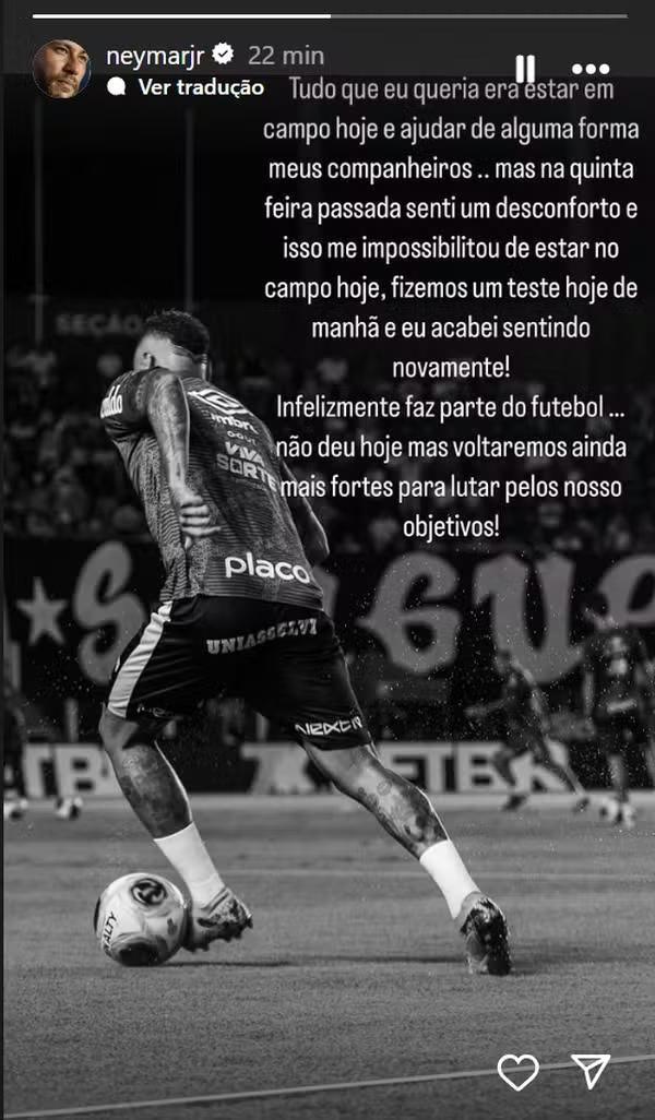 Neymar lamenta ficar fora da semifinal do Paulistão: "Queria muito estar em campo"