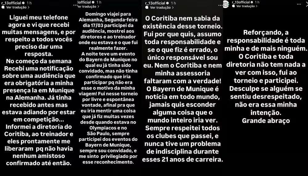 Coritiba avalia punição para Rafinha após presença em evento do Bayern sem aviso prévio