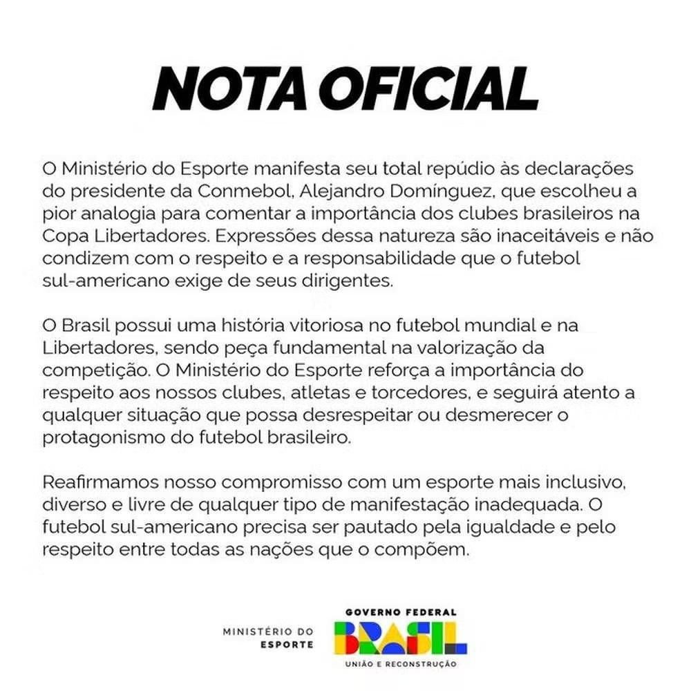 Governo brasileiro condena declaração do presidente da Conmebol: "Expressões inaceitáveis"