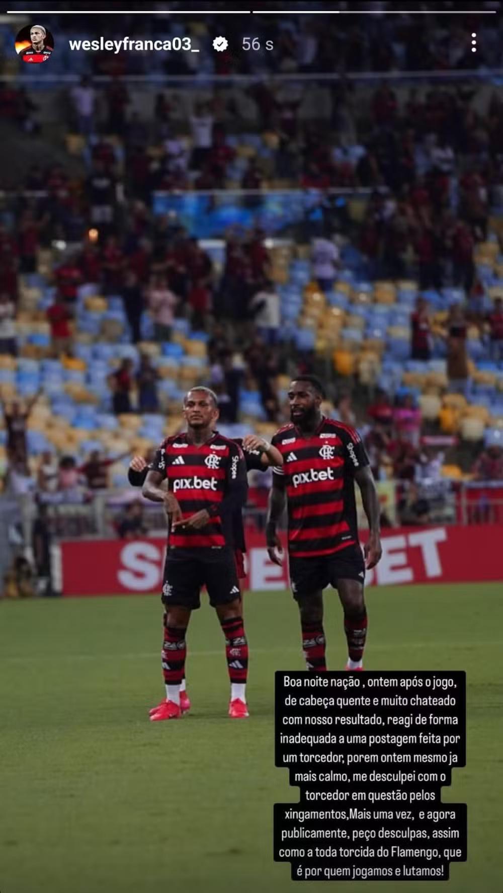 Wesley se retrata após discussão com torcedor nas redes sociais depois de revés do Flamengo