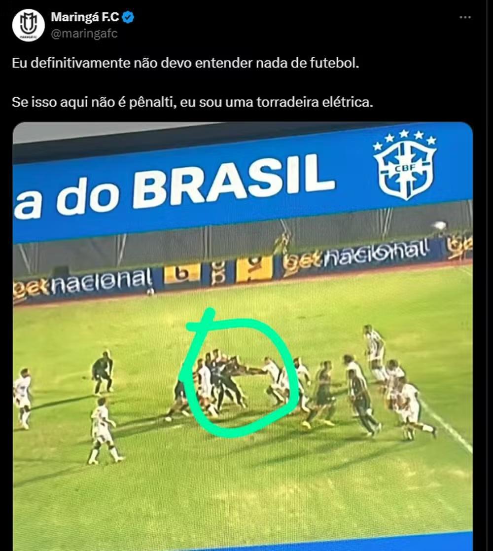 Maringá ironiza lance polêmico contra o Atlético-MG: “Se isso não é pênalti, eu sou uma torradeira elétrica”