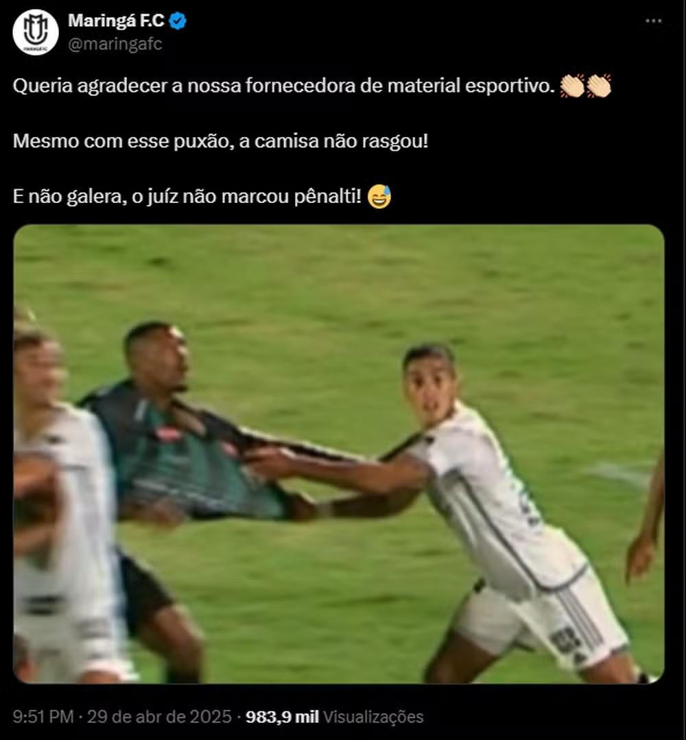 Maringá ironiza lance polêmico contra o Atlético-MG: “Se isso não é pênalti, eu sou uma torradeira elétrica”