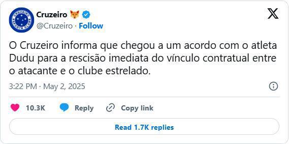 Cruzeiro oficializa saída de Dudu com acordo milionário até o fim de 2024