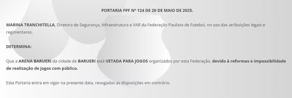 FPF barra Arena Barueri em torneios estaduais, e Leila aponta retaliação por disputa política na CBF