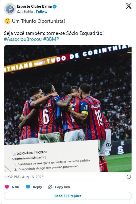 Bahia cutuca o Corinthians após vitória e lembra chegada de Kauê Furquim