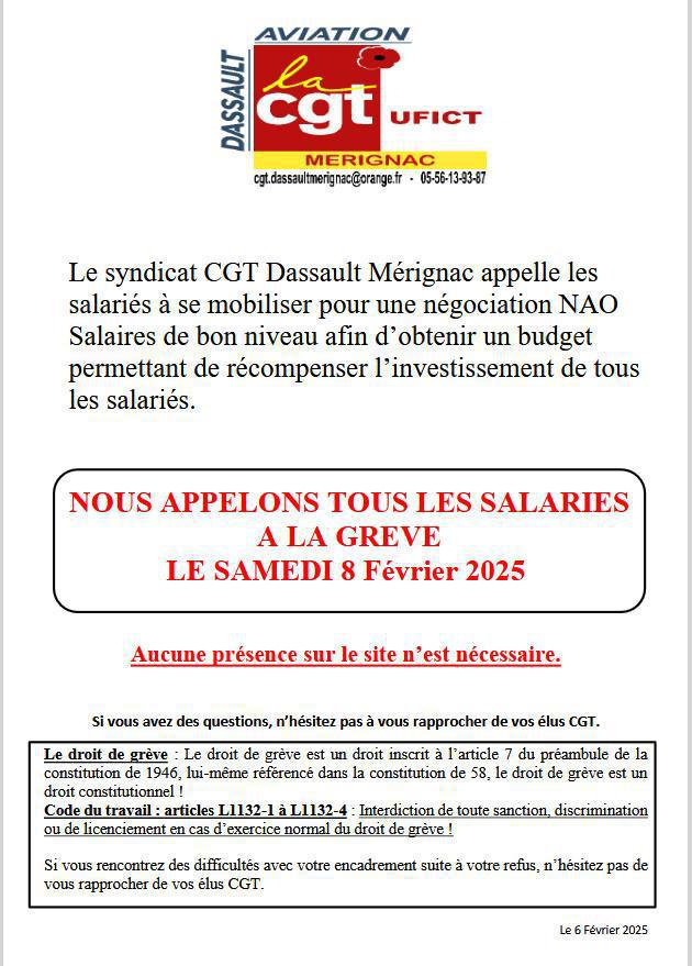 Appel a la grève pour le samedi 08/02/25