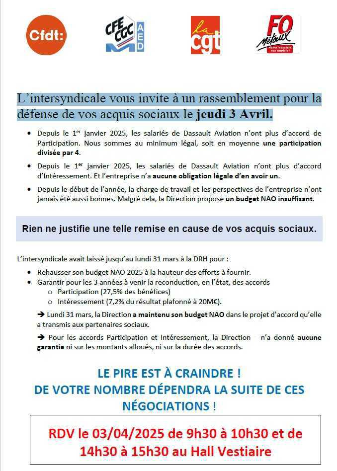 L’intersyndicale vous invite à un rassemblement pour la défense de vos acquis sociaux le jeudi 3 Avril.