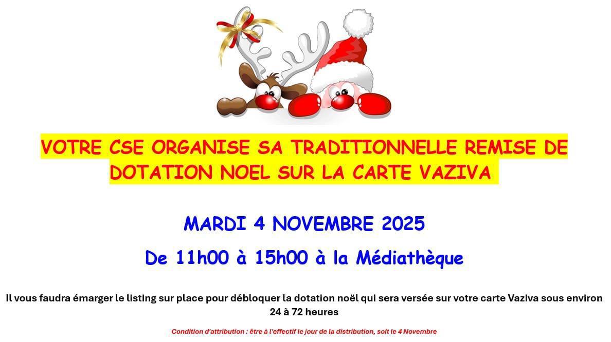 VOTRE CSE ORGANISE SA TRADITIONNELLE REMISE DE DOTATION NOEL SUR LA CARTE VAZIVA