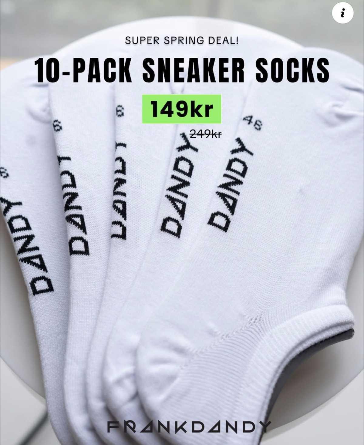 40% rabatt – 10-pack Frank Dandy sneakerstrumpor för 149 kr 40% rabatt – 10-pack Frank Dandy sneakerstrumpor för 149 kr
