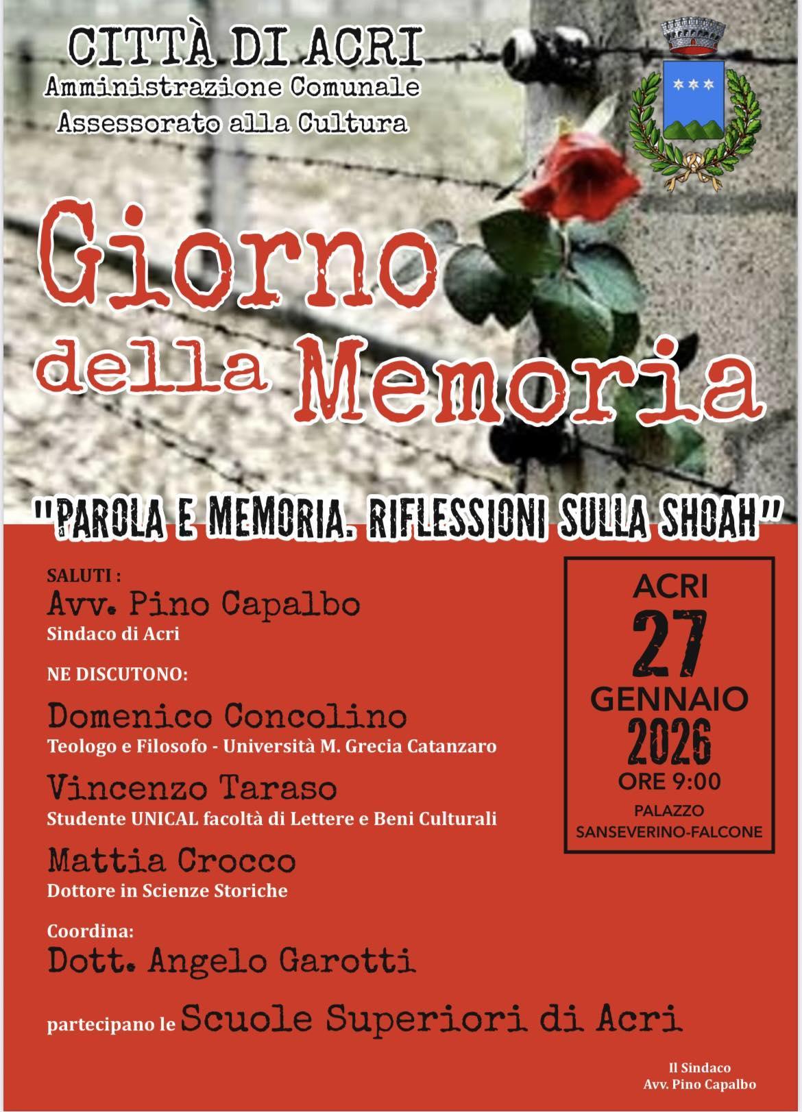 Giorno della Memoria "Parola e Memoria. Riflessioni sulla Shoah" (inizio ore 9.00)