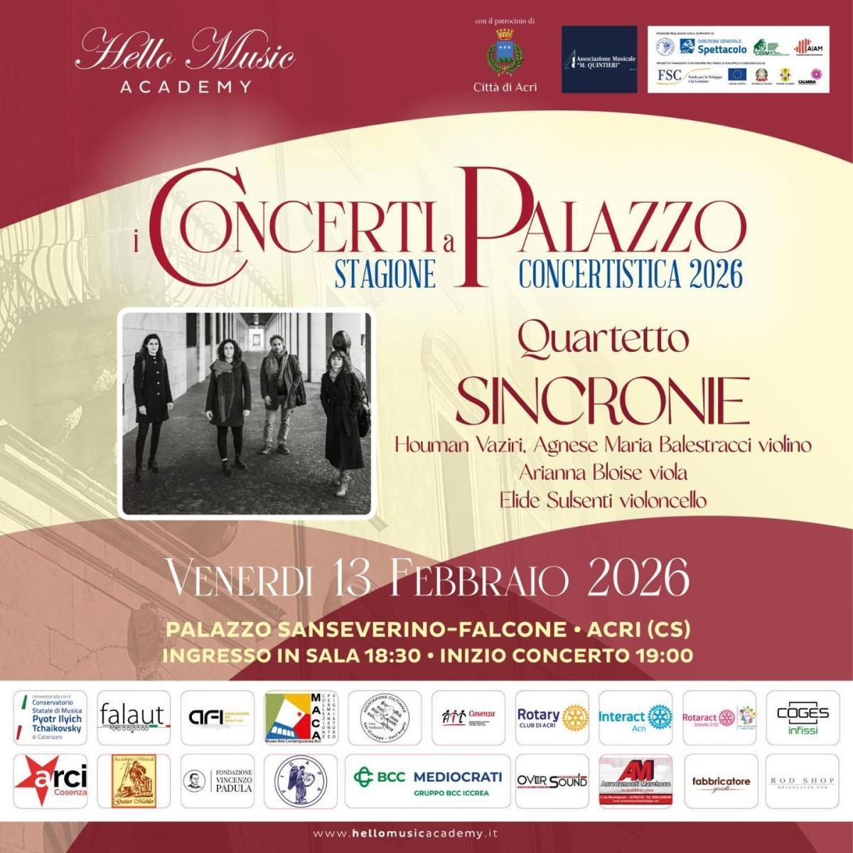 I Concerti a Palazzo - Quartetto Sincronie (ingresso in sala ore 18.30 - inizio concerto ore 19.00)