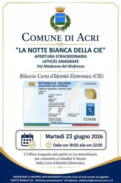 La Notte Bianca della CIE - Open Day straordinario per la Carta d'Identità Elettronica (dalle ore 18.00 alle ore 22.00)