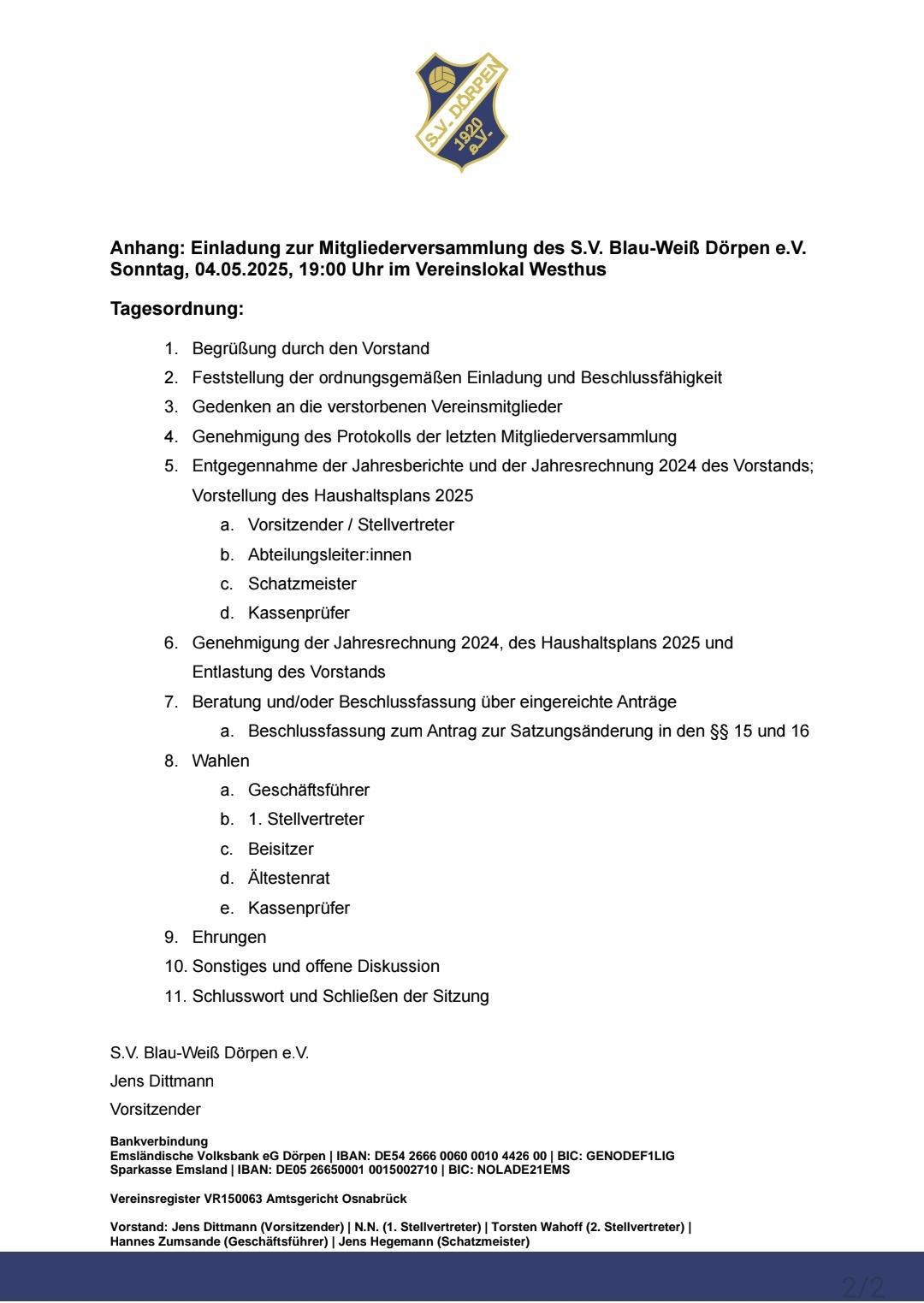 Mitgliederversammlung BW Dörpen 