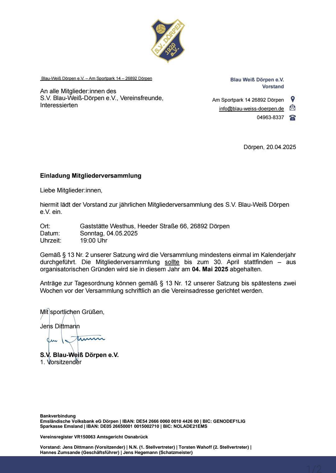 Mitgliederversammlung BW Dörpen 