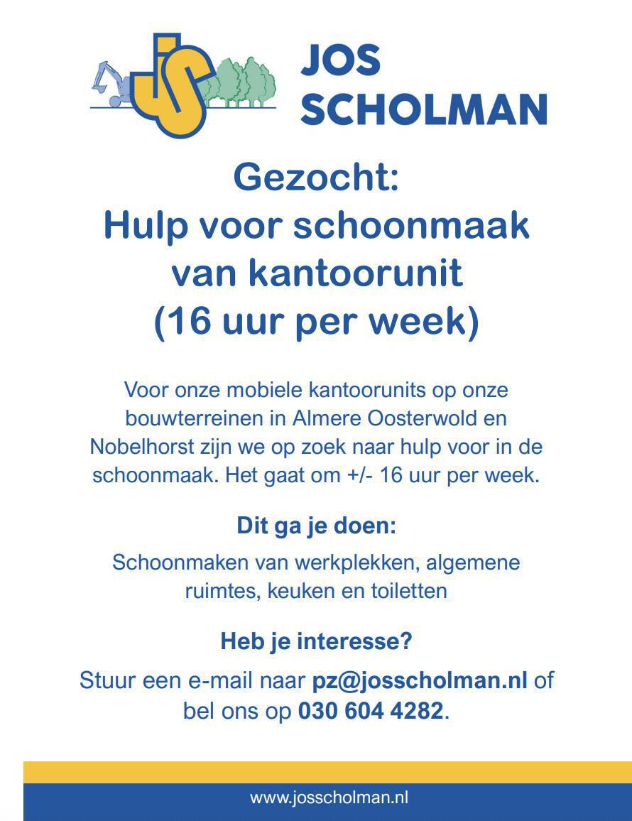 Gezocht: Hulp voor schoonmaak van kantoorunit Gezocht: Hulp voor schoonmaak van kantoorunit