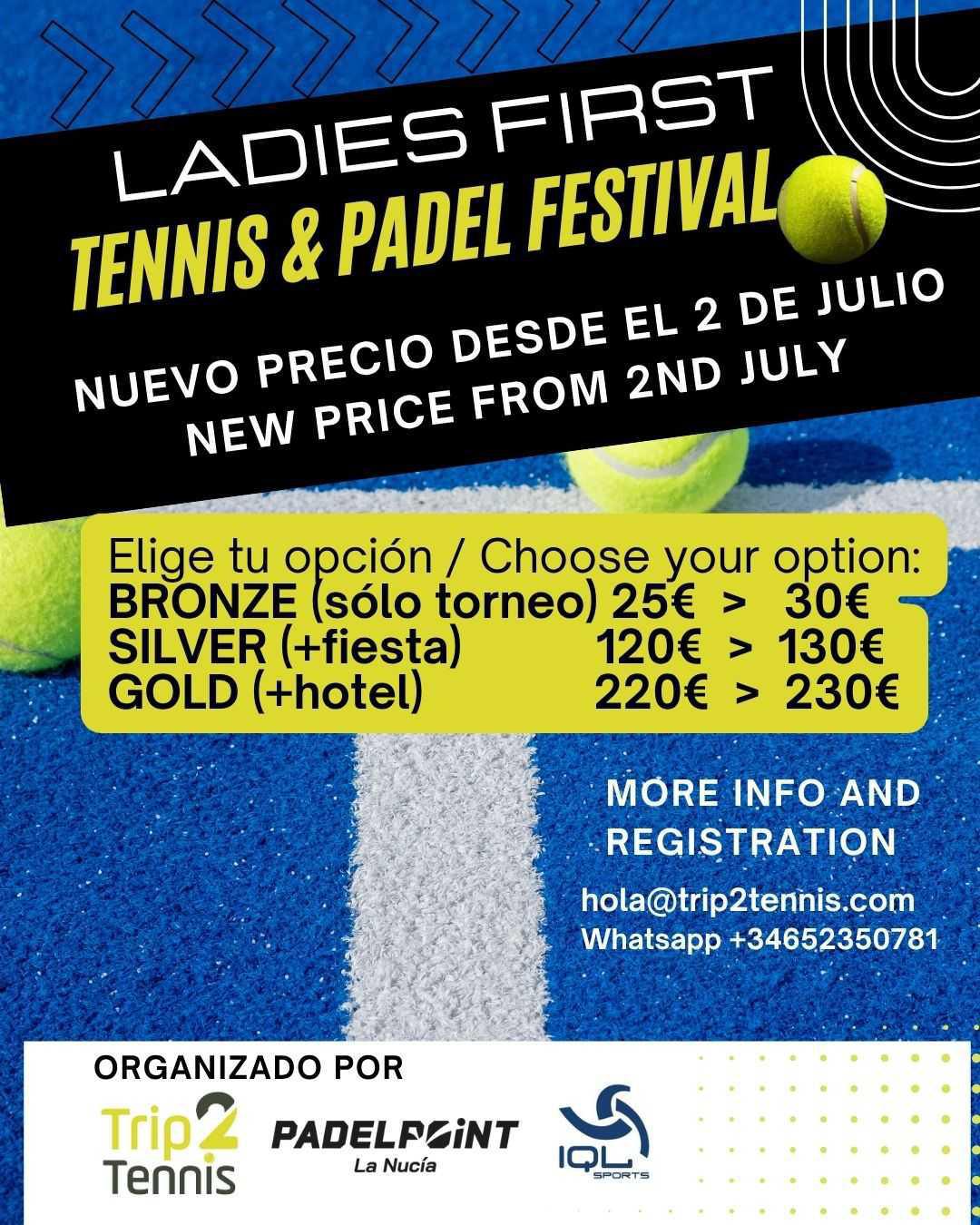 El 2 de julio sube el precio de inscripción para el Ladies First Tennis & Padel Festival