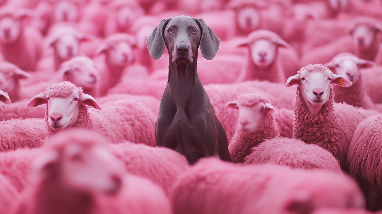 mikey_cgn_weimaraner_sitting_in_a_flock_of_sheep_all_sheep_pink_638b6e6c-9849-4d46-a2d1-20f4c528d5de