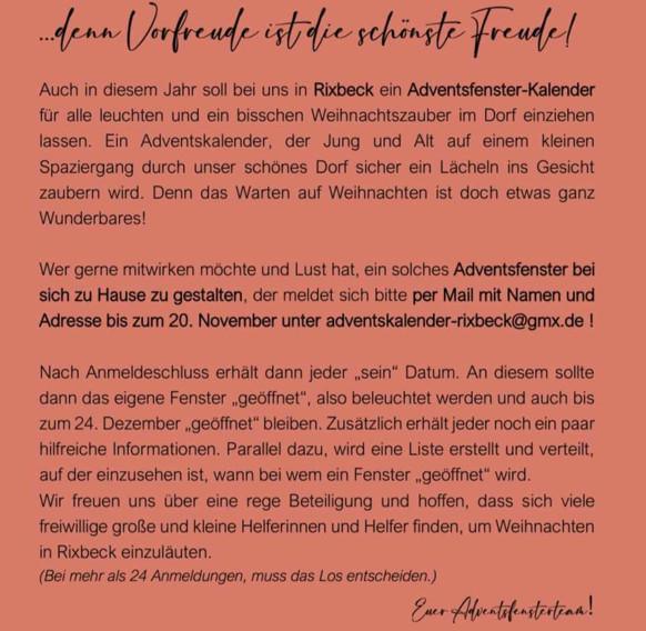 Anmeldung Rixbecker Adventskalender